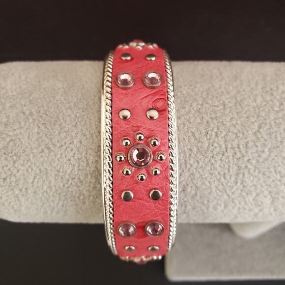 Pink and Silver Tone Cuff Bracelet with Faux Leather and Rhinestone Accents - Picture 5 of 9